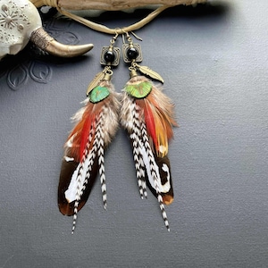 Natural feather dangle earrings, pheasant, peacock, grizzly, onyx, ethnic style feather earrings, boho, boho