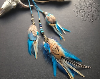 Bijoux pour cheveux plumes bleues, plumes grizzly, plumes naturelles, clip cheveux plumes, extension de cheveux plumes ethnique bohème boho