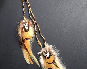 Longue boucle d'oreille unique ou bijoux de cheveux plumes naturelles de faisan, perles de rocaille, mono boucle d'oreille  bohème ethnique