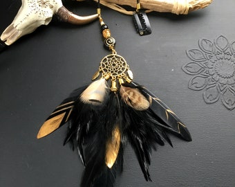 Bijoux pour cheveux, plumes noires et dorées, attrape rêves, clip pour cheveux plumes, extension de cheveux, ethnique bohème amerindien boho