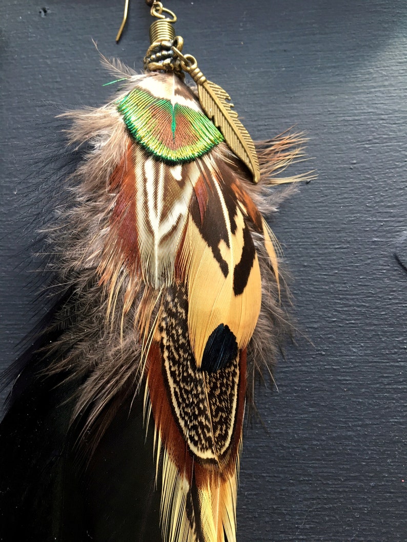 Longue boucle d'oreille unique, plumes naturelles, plume de paon, mono boucle pour homme ou femme, boucle d'oreilles plumes bohème ethnique image 6