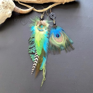 Peacock feather earrings, blue, green, boho style earrings, boho, hippie, shaman, ethnic, peacock feather jewelry