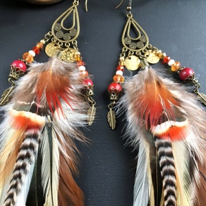 Longues boucles d'oreilles plumes naturelles, rouge, marron, grizzly, perles, boucles d'oreilles ethnique, bohème, boho, bohemien, gipsy image 7
