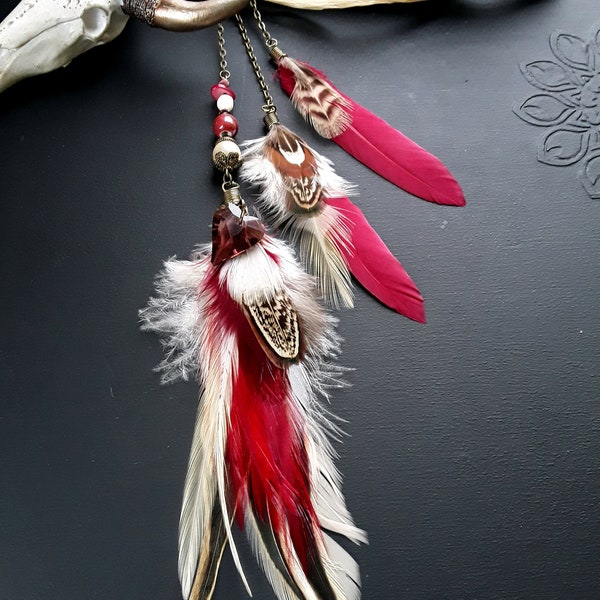 Bijoux de cheveux plumes naturelles, plumes rouge bordeaux, coeur en cristal, perles, clip pour cheveux en plumes, ethnique, bohème, boho