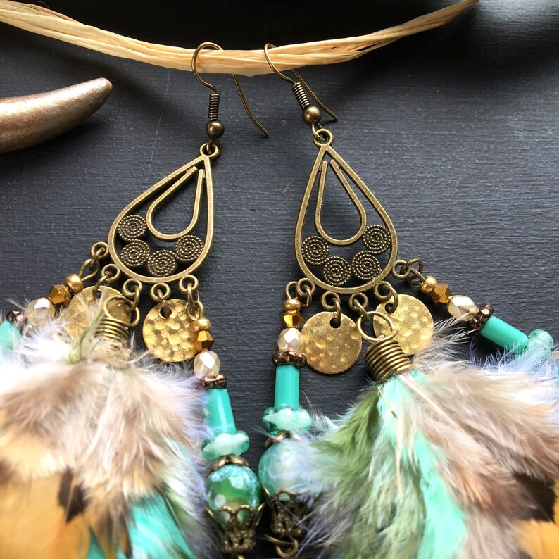 Boucles d'oreilles plumes naturelles, plumes vert menthe, perles, boucles d'oreilles longues ethnique, bohème, boho, gipsy, bohemian, hippie image 9