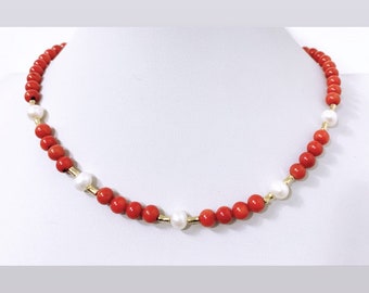 Red and white Necklace/ Red Coral Necklace/ Freshwater Pearl Necklace/ Gold Plated Sterling Silver Closure and Details