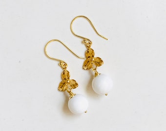 White Earrings/ White Onyx Earrings and Gold Plated Sterling Silver/ Flower Earrings ideal gift for Her/Mother’s Day Gift