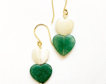 Green Aventurine and Topaz Heart Earrings/ Topaz Heart 15 mm/ Aventurine Heart 28 mm/ Double Heart Earrings/ Hook Earrings/Mother’s Day Gift