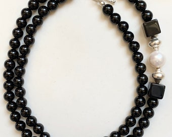 Black Necklace Black Onyx Necklace/ Sterling Silver Details/ Freshwater Pearl/ Mother’s Day Gift