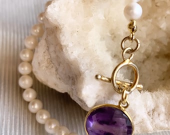 Amethyst Pearl Bracelet/ Freshwater Pearl Bracelet/ Gold Sterling Silver/ Ideal Gift For Mother’s Day