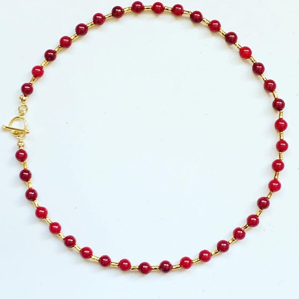 Red Ruby Jade Necklace/ Elegant Red and Gold Necklace/Gold Plated Sterling Silver and Ruby Jade Necklace Ideal Gift For Her
