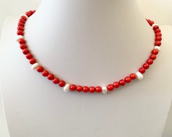 Elegant Red and White Necklace/ Red Coral and Freshwater Pearl Necklace/ Gold Plated Sterling Silver Details/ Ideal Gift for Her