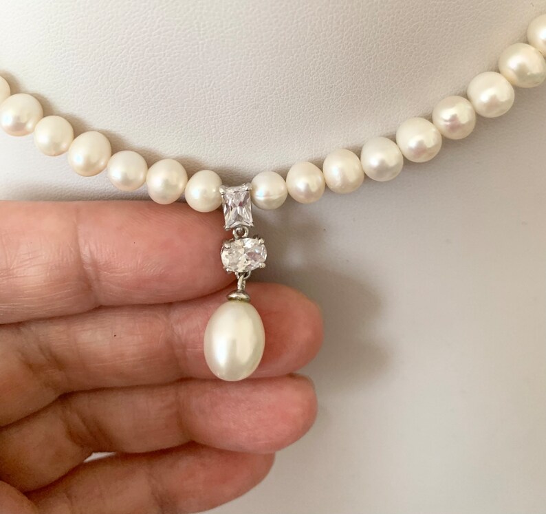 Pearl Necklace/ Freshwater pearls and Pearl Pendant with zircon/wedding necklace/ Mothers Day Gift image 7