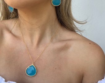 Blue chalcedony necklace /Gold Sterling Silver and Sky Blue Chalcedony Necklace/ Ideal Gift for Her