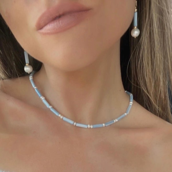 Baby blue Mother of pearl necklace / freshwater pearls / gold silver 925/ Ideal Gift for Mother’s Day