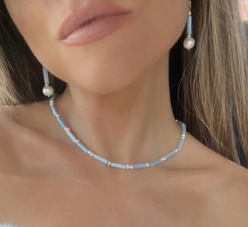 Baby blue Mother of pearl necklace / freshwater pearls / gold silver 925/ Ideal Gift for Mothers Day image 1