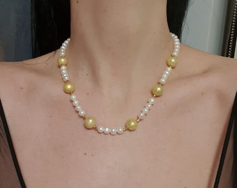 Pearl Necklace/Freshwater Pearl Gold- Yellow and White Necklace/ Gold Plated Sterling Silver Closure and Details/ Wedding Necklace