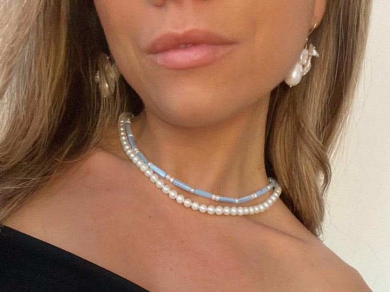 Baby blue Mother of pearl necklace / freshwater pearls / gold silver 925/ Ideal Gift for Mothers Day image 5