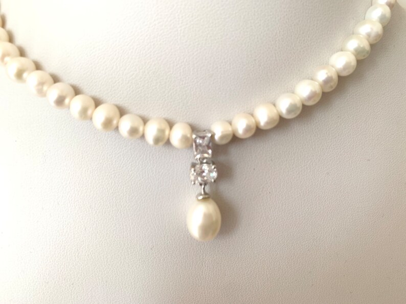 Pearl Necklace/ Freshwater pearls and Pearl Pendant with zircon/wedding necklace/ Mothers Day Gift image 9