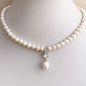 Pearl Necklace/ Freshwater pearls and Pearl Pendant with zircon/wedding necklace/ Mothers Day Gift image 3