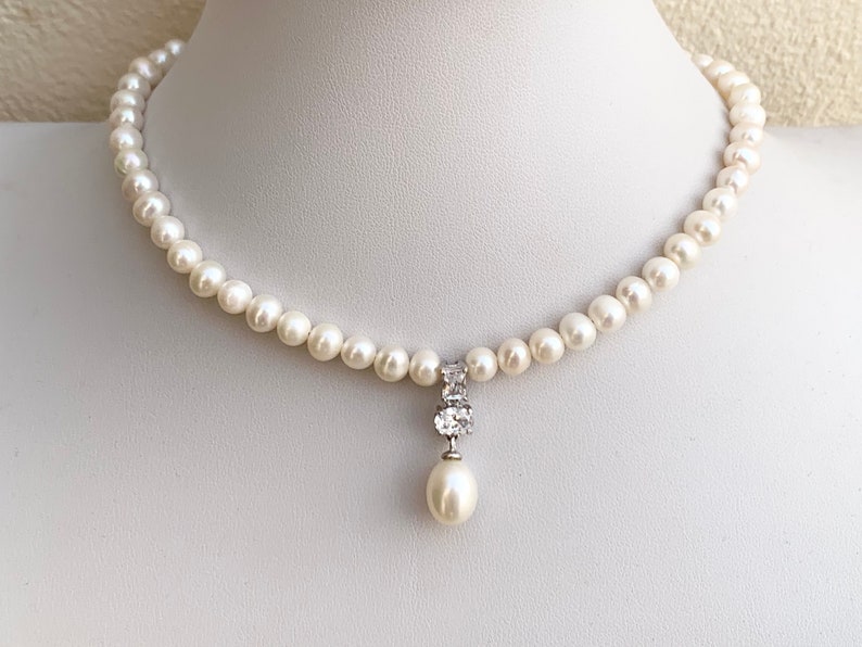 Pearl Necklace/ Freshwater pearls and Pearl Pendant with zircon/wedding necklace/ Mothers Day Gift image 3