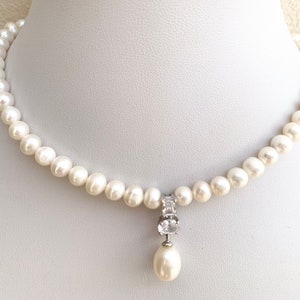 Pearl Necklace/ Freshwater pearls and Pearl Pendant with zircon/wedding necklace/ Mothers Day Gift image 1