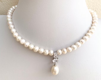 Pearl Necklace/ Freshwater pearls and Pearl Pendant with zircon/wedding necklace/ Mother’s Day Gift