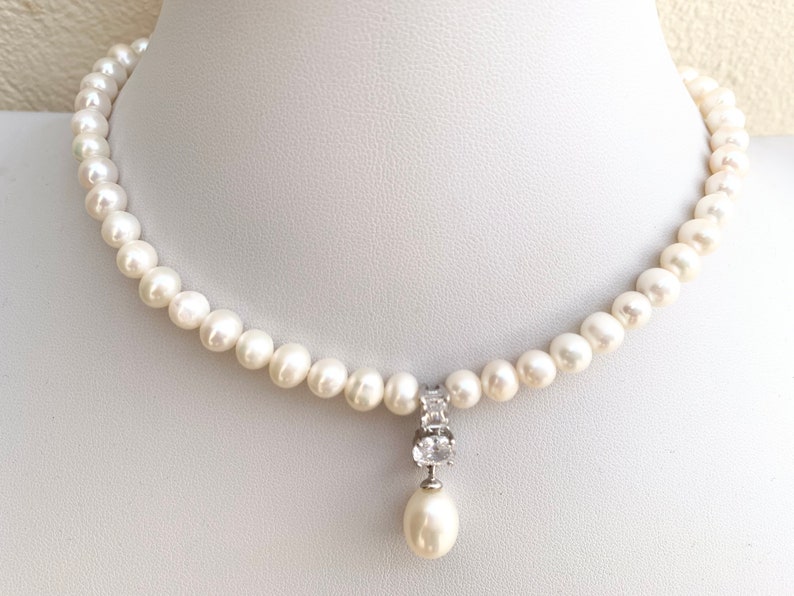 Pearl Necklace/ Freshwater pearls and Pearl Pendant with zircon/wedding necklace/ Mothers Day Gift image 1