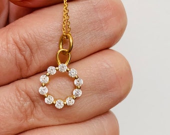 Circle Zircon and Gold Necklace / White Zircon Necklace/ Gold Plated Over Sterling Silver Chain And Details