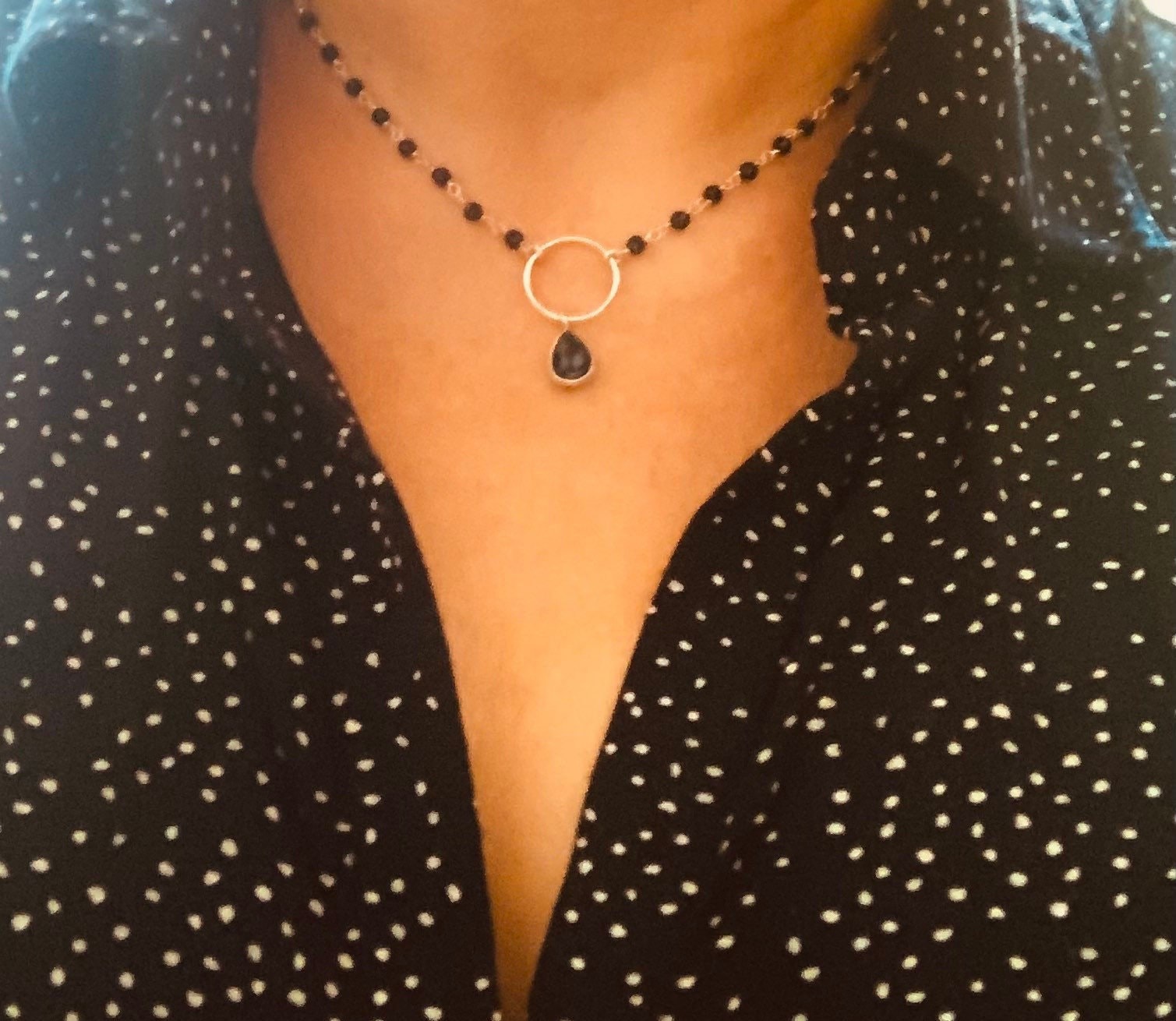 Black Necklace/ Black Rosary Chain Necklace/ Silver 925 and Black Onyx