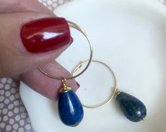 Lapis Lazuli Earrings/ Blue and gold Hoop Earrings/ Hoop Sterling Silver Earrings/ Teardrop Earrings/ Ideal Christmas Gift