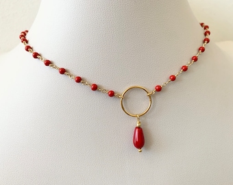 Red Necklace/Red Coral Necklace/ Red Coral Rosary  Circle and Drop - Pear Necklace/ Handmade Necklace Ideal Valentine’s Gift For Her