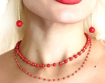 Red Necklace/Red Rosary Coral Handmade Necklace/ Gold and Red/ Coral Necklace/ Rosary Red Necklace