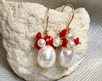 Cluster Freshwater Oval Shell Pearl and Coral or black onyx Earrings/ Cluster freshwater pearl and coral/Gold Plated Sterling Silver