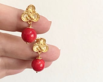 Pendientes Coral Rojo Y Oro/ Oro Plata 925