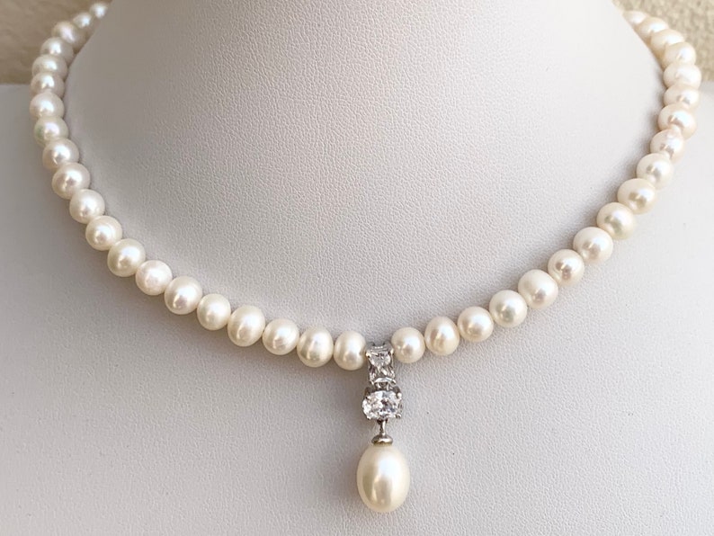 Pearl Necklace/ Freshwater pearls and Pearl Pendant with zircon/wedding necklace/ Mothers Day Gift image 8
