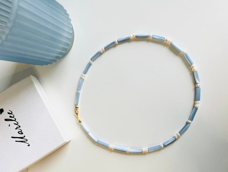 Baby blue Mother of pearl necklace / freshwater pearls / gold silver 925/ Ideal Gift for Mothers Day image 6