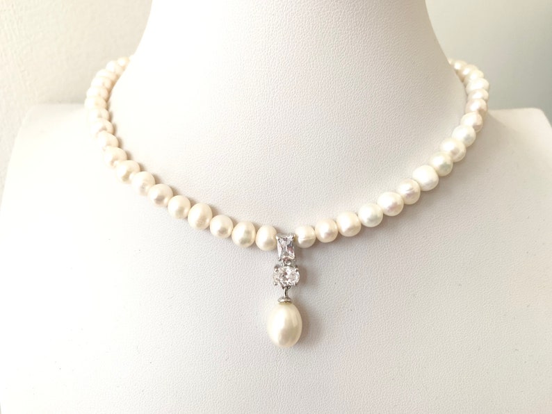 Pearl Necklace/ Freshwater pearls and Pearl Pendant with zircon/wedding necklace/ Mothers Day Gift zdjęcie 5