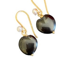 Black Onyx Heart Earrings /Ear wire gold sterling silver and freshwater pearl