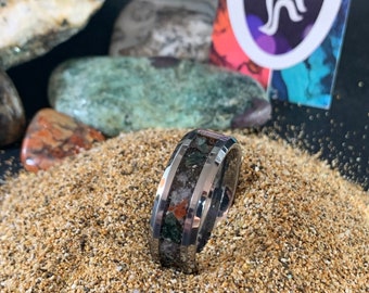 Mystery Planet by The Odd Duck- Custom Inlay Ring- Tungsten Ring- Wyoming Gemstone Inlay- Jasper- Fuchsite- Lepidolite- Shale Sand- 8MM