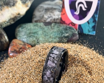 Lepidolite @ Midnight by The Odd Duck- Custom Inlay Ring- Black Ceramic Wide Inlay 8MM- Lepidolite Gemstone- Wyoming Gemstone