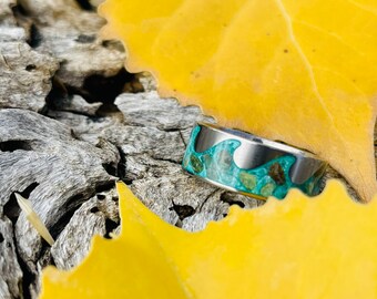 Turquoise Island by The Odd Duck- Turquoise Ring- Green Turquoise- Titanium Ring- Wave Inlay Ring- Ocean Ring- Turquoise Jewelry- Mica Dust