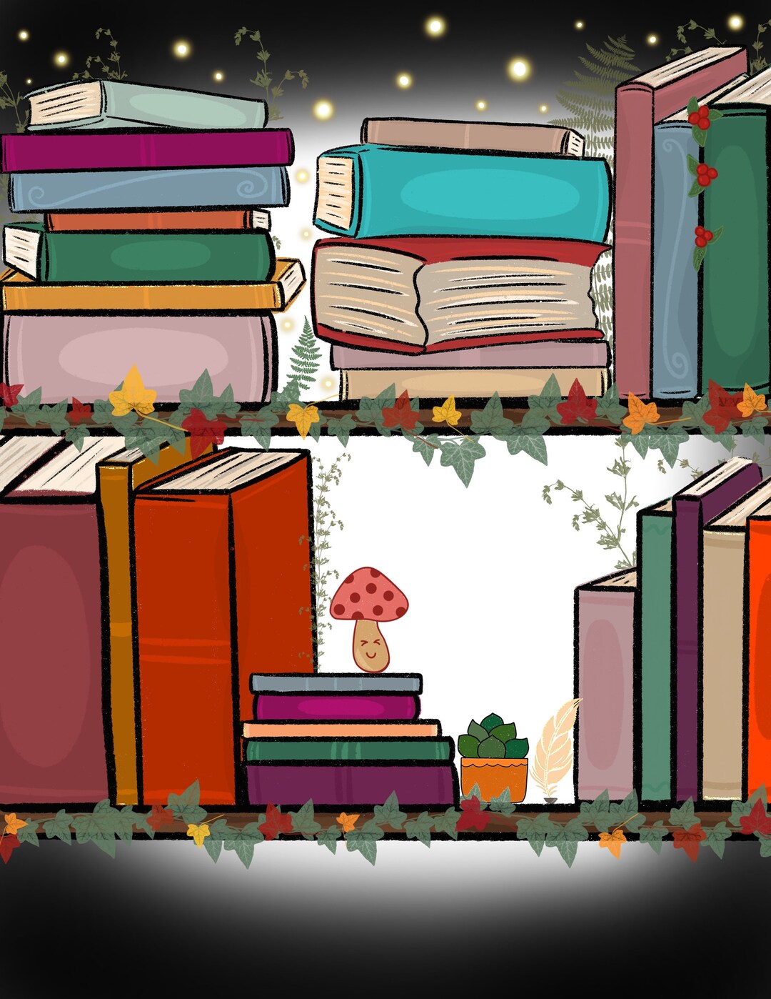 Fall Bookshelf Art Print Bookish Art Dark Academia Art Etsy