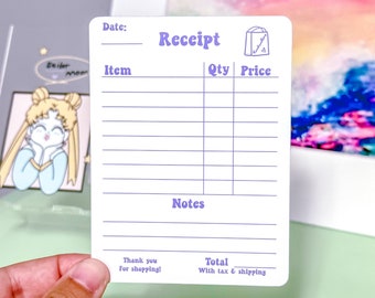 May include: A blank receipt template with a purple border and a cartoon shopping bag with a heart in the corner. The receipt has sections for date, item, quantity, price, notes, and total with tax and shipping.