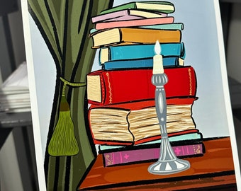 Vintage Book Stack Art Print, Bookish Art