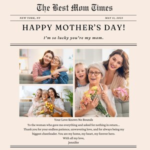 Plantilla de periódico editable para el Día de la Madre: regalo imprimible para mamá de hija o hijo. Regalo estilo periódico DIY de Canva. Descarga instantánea.