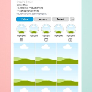 K&ouml;nnte beinhalten: Ein Screenshot eines Instagram-Profils f&uuml;r einen Online-Shop. Das Profil hat 257 Beitr&auml;ge, 364.000 Follower und 37 Personen, die ihm folgen. Der Shop-Name ist "Your Shop Name & Sector" und die Beschreibung lautet "Shopping & Retail, Online Shop, Find the Best Products Online, Free Shipping Worldwide, yourshopname.com/highlights/". Das Profil hat Schaltfl&auml;chen f&uuml;r "Folgen", "Nachricht" und "Kontakt". Es gibt f&uuml;nf hervorgehobene Reels mit Symbolen f&uuml;r Raster, Wiedergabe und eine Person. Das Profil hat auch ein Raster mit neun Bildern eines gr&uuml;nen Feldes mit blauem Himmel und wei&szlig;en Wolken.