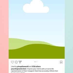K&ouml;nnte beinhalten: Instagram-Post mit einer Illustration einer gr&uuml;nen und blauen Landschaft. Der Beitrag stammt vom Account "yourshopname.here" und hat 3.724 Likes. Die Bildunterschrift lautet: "Beeindrucken Sie Ihre Kunden mit einer originalgetreuen Darstellung ihres Instagram-Feeds, die ihre Marke und &Auml;sthetik authentisch widerspiegelt."