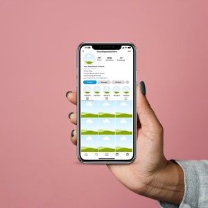 K&ouml;nnte beinhalten: Ein Screenshot einer Instagram-Profilseite auf einem Smartphone. Das Profil hat 237 Beitr&auml;ge, 30,4&nbsp;k Follower und folgt 37 Accounts. Der Profilname lautet "Your Shop Name & Tagline". Die Profilbio lautet "Online Shop. Find the Best Products Online. Free Shipping Worldwide. yourinstagram.com/shop". Das Profil hat einen Button zum "Folgen", "Nachrichten senden" und "Kontakt aufnehmen". Das Profil hat ein Raster mit neun Landschaftsfotos von gr&uuml;nen H&uuml;geln und blauem Himmel.