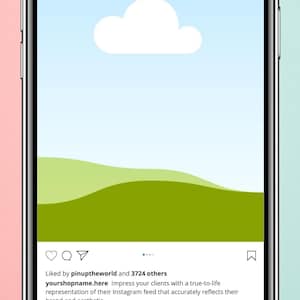 K&ouml;nnte beinhalten: Ein Screenshot eines Mobiltelefons, auf dem ein Social-Media-Beitrag angezeigt wird. Der Beitrag zeigt eine einfache Illustration eines gr&uuml;nen H&uuml;gels und einer wei&szlig;en Wolke vor blauem Himmel. Die Bildunterschrift lautet: "Beeindrucken Sie Ihre Kunden mit einer realistischen Darstellung ihres Instagram-Feeds, die ihre Marke und &Auml;sthetik genau widerspiegelt." Der Beitrag hat 3.724 Likes und 491 Kommentare erhalten.
